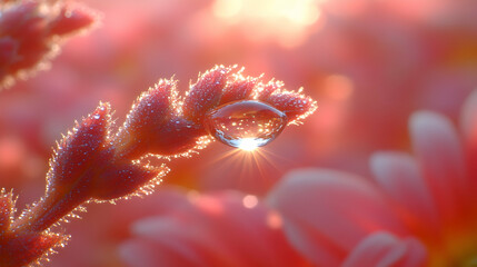 Fototapeta premium Dewdrop on a flower stem, sunrise glow