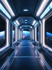 Futuristic spaceship corridor with Earth view (1)