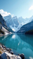 Obraz premium Snowy mountains with a serene lake in the background , mountain, lake, winter