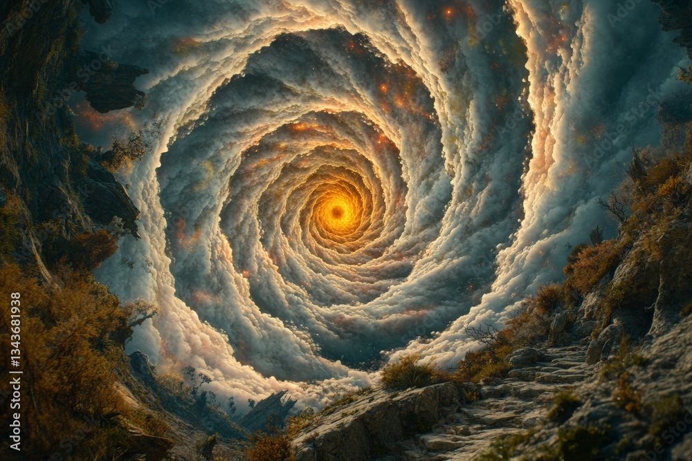 Poster Swirling clouds around a luminous core create an extraordinary celestial vortex in a mountain landscape