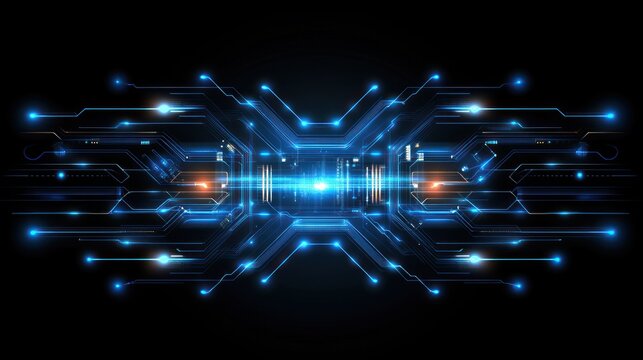 Abstract digital circuit design with glowing blue and orange elements on a dark background.
