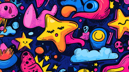 Fototapeta premium Vibrant Doodle Pattern, Colorful Stars, Shapes, and Quirky Characters