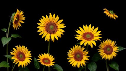 Rahmen aus leuchtenden Sonnenblumen auf schwarzem Hintergrund, ideal für sommerliche Designs und natürliche Hintergründe.