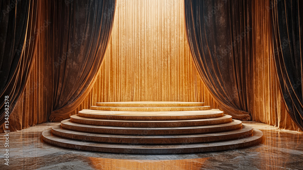 Aufkleber a grand stage features circular steps surrounded by rich golden curtains, creating a dramatic atmosp