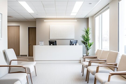 Modern, minimalist waiting area in a medical office.  A clean and bright space with a reception desk and comfortable seating