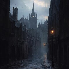 Obraz premium Gloomy alleyway under ominous gothic architecture.