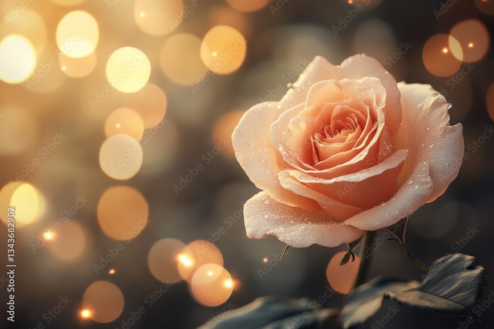 Aufkleber Beautiful peach rose with soft bokeh background during golden hour creating a serene atmosphere in a garden