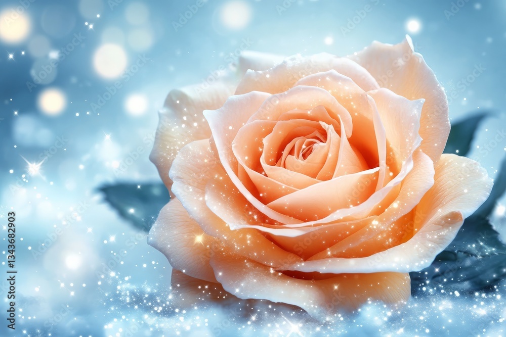 Poster Soft peach rose surrounded by gentle sparkles in a serene winter setting with blurred lights