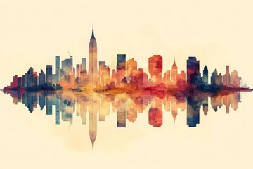 Obraz premium Colorful skyline reflection of New York City at sunset with vibrant hues and iconic architecture viewed across calm water