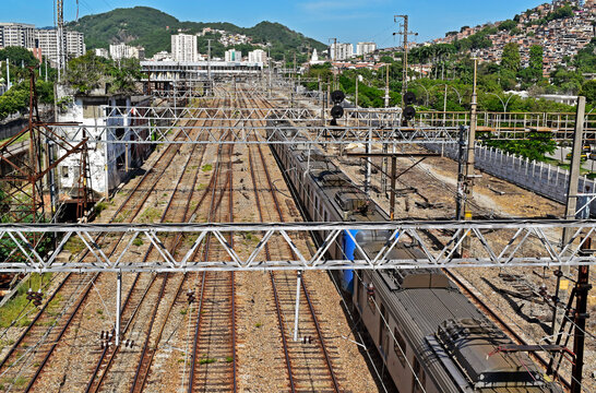 Train tracks between the neighborhoods of Sao Cristovao and Maracan&atilde; in Rio de Janeiro, Brazil 