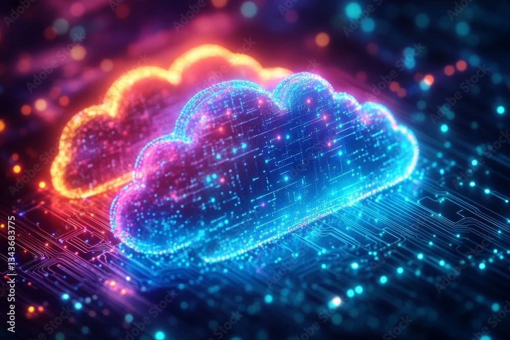 Poster Colorful digital clouds with intricate circuit patterns glowing in a dark space environment