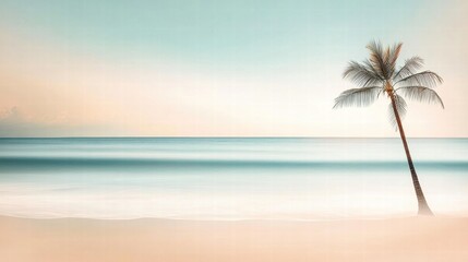 Obraz premium Tranquil shoreline scene with a single palm tree, smooth waters, and soothing sky tones.