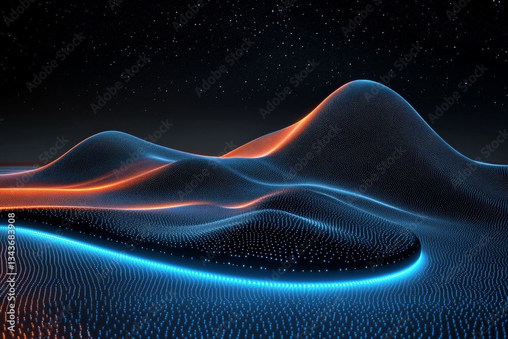 Poster colorful abstract landscape with glowing curves and textured hills under a starry sky