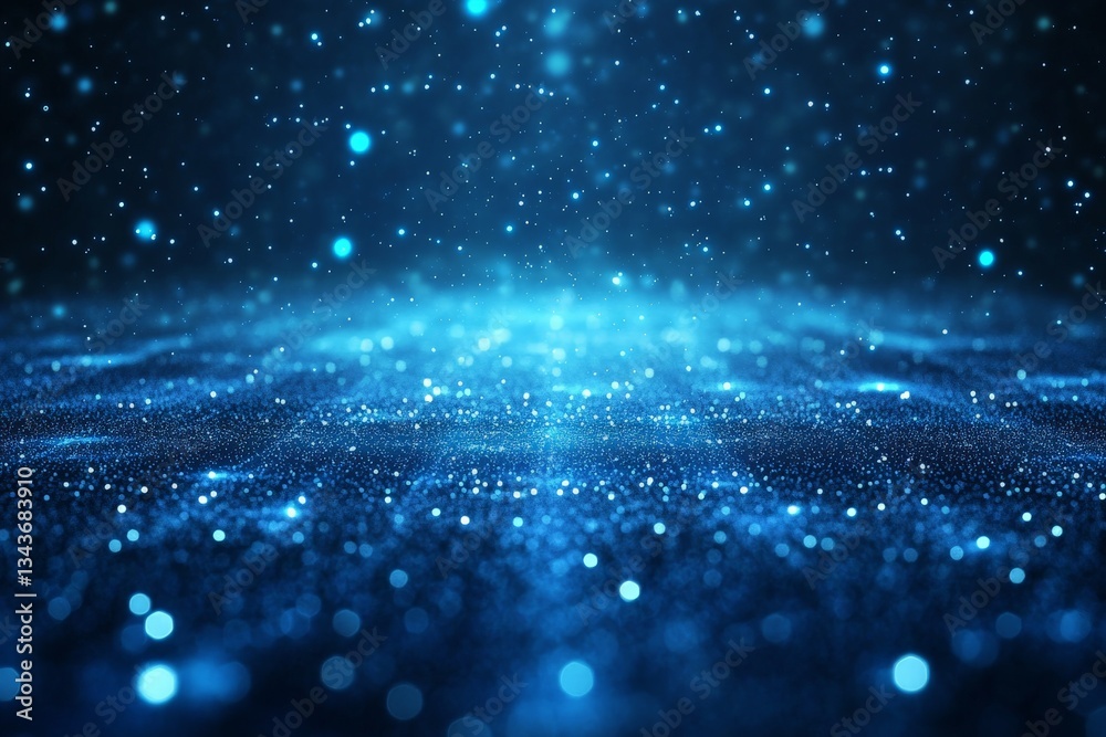 Poster Bright blue particles create a shimmering effect on a dark background in a cosmic scene