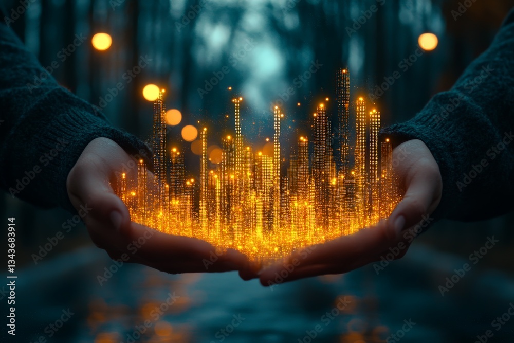 Poster digital cityscape emerging from hands during twilight in a blurred urban environment