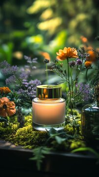 Minimalistic cream jar in a lush garden with soft lighting among bright flowers Ideal for Social Media, Stories, Advertising