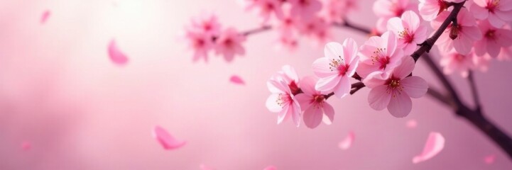 Fototapeta premium Soft pink sakura petals gently floating in the air, with a subtle cherry blossom tree in the background, sakura blossoms, pastel colors