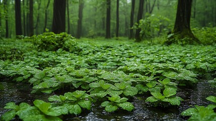 Lush green forest floor after rain.