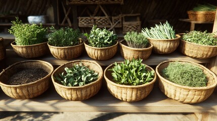 Hand-picked herbs displayed in woven baskets showcasing traditional harvesting techniques in a rustic market setting