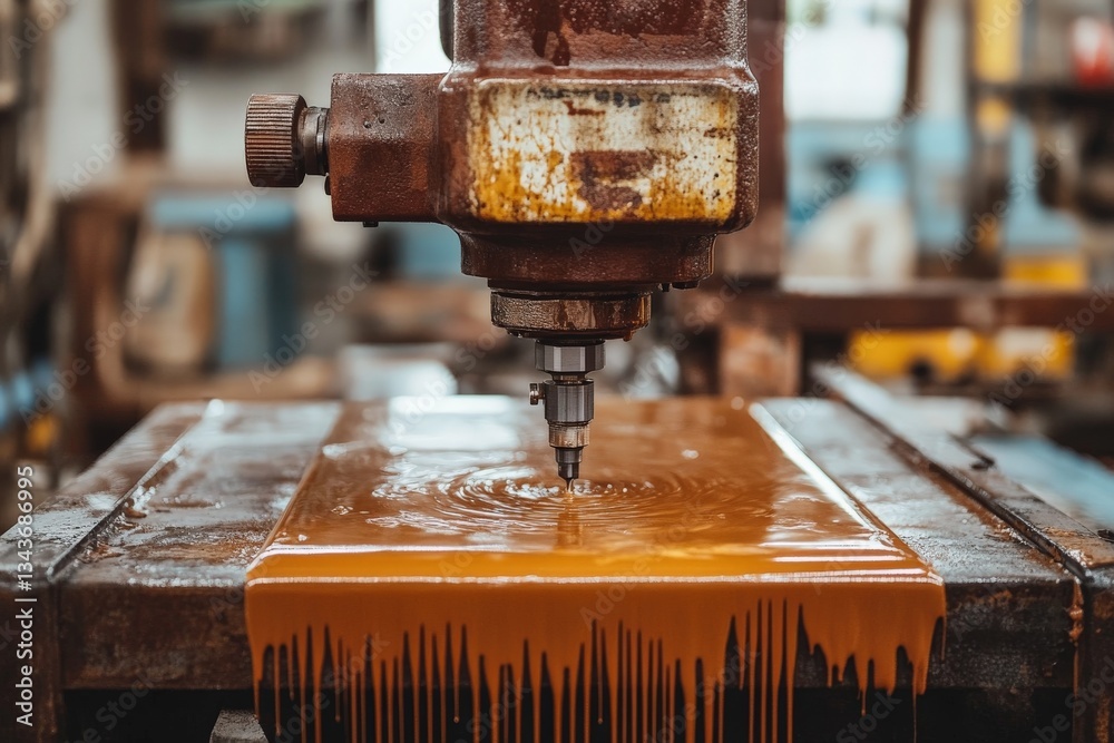 Poster Precision machining process in an industrial workshop with fluid splashing on a workbench