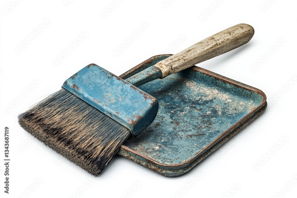 Poster Rustic paintbrush and tray resting on a white surface ready for crafting projects in a creative workspace