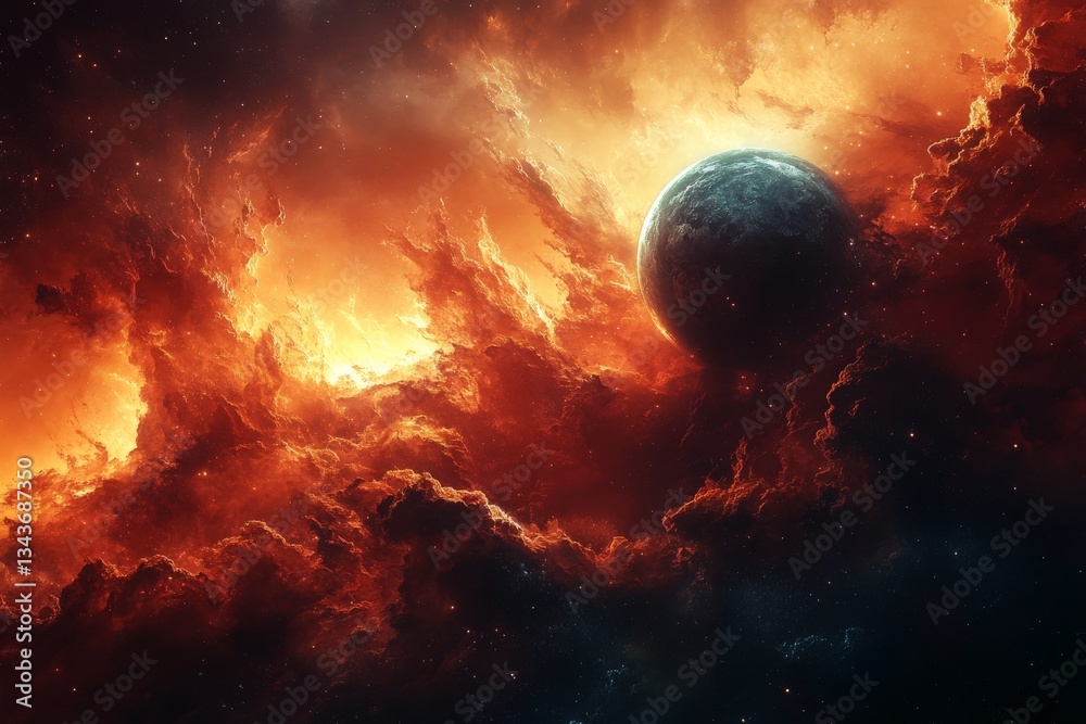 Poster vibrant cosmic landscape featuring swirling clouds and a distant planet in a fiery nebula during a s
