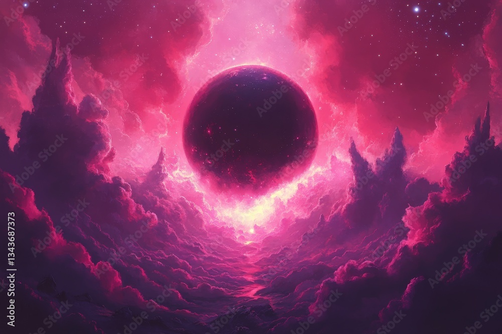 Poster vibrant cosmic landscape with a dark planet and colorful nebula at twilight