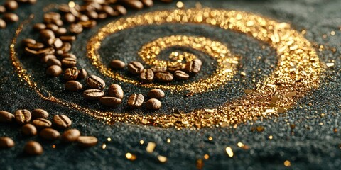 A spiral of coffee beans and glitter on a dark background