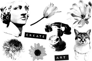 Halftone collage with greek man sculpture, vintage telephone, flowers, and cat. Vector template for posters, zine design, black and white isolated