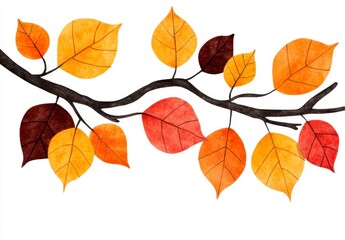 Naklejka premium Autumn branch with leaves in orange, red, and brown hues against a white background. Watercolor style illustration.