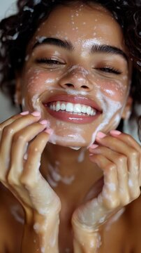 Smiling young woman enjoys a refreshing cleansing routine at home while applying a foamy cleanser to her face. Ideal for Social Media, Stories, Advertising
