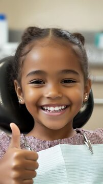 Young girl smiles and gives a thumbs up while sitting in a dental chair during a routine check-up in a clinic setting. Ideal for Social Media, Stories, Advertising