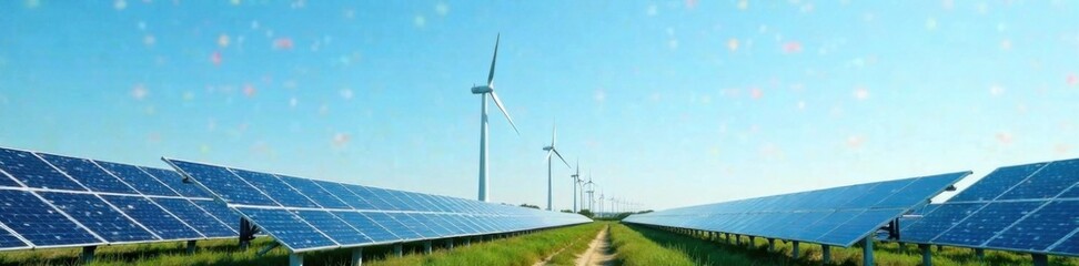 Solar panels and wind turbines in power station with green energy renewable electricity generation under blue sky background , solar panels, wind turbines