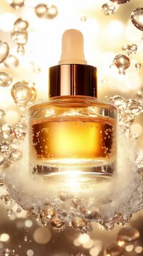 Golden serum drops splashing in a luminous background capturing beauty and elegance in a refreshing essence. Ideal for Social Media, Stories, Advertising