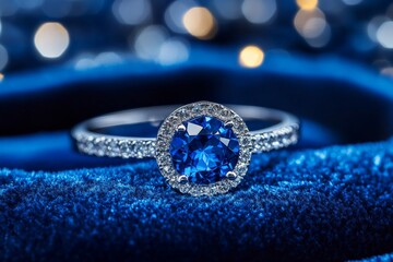 Stunning blue gemstone ring featured on luxurious velvet fabric with sparkling background