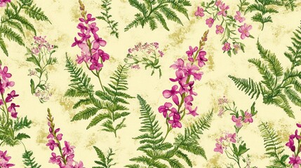 Elegant Floral Pattern: Watercolor Ferns and Pink Flowers on Pale Yellow Background
