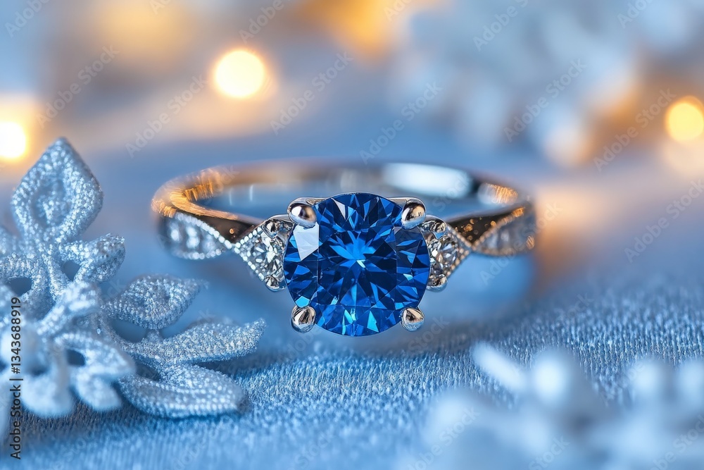 Aufkleber elegant blue gemstone ring displayed on soft fabric with delicate snowflakes and warm bokeh lights