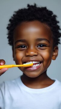 Child excitedly holds colorful toothbrush with a bright smile, showcasing healthy dental habits and joy in daily routine. Ideal for Social Media, Stories, Advertising