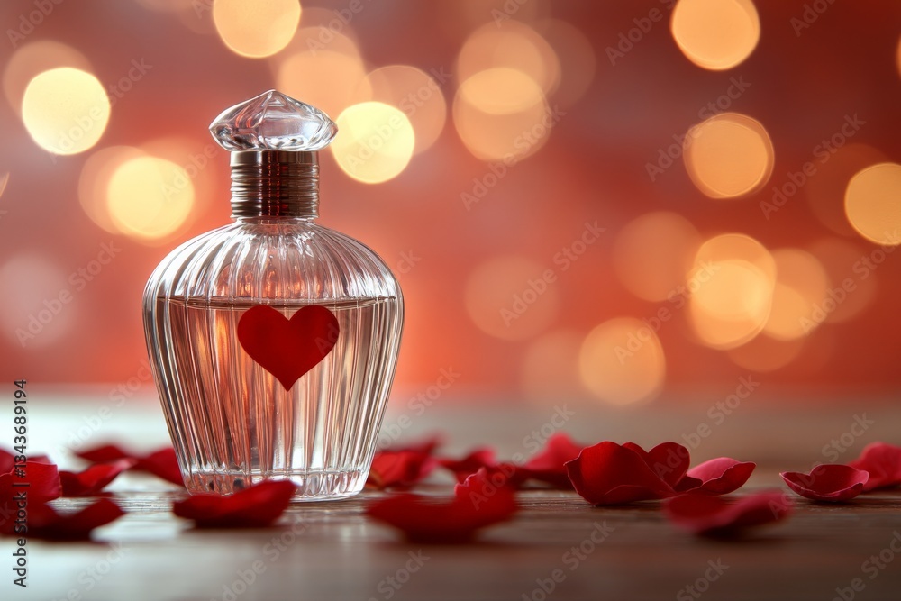 Aufkleber Romantic perfume bottle with heart motif surrounded by rose petals and soft bokeh lights