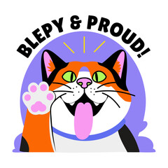 Flat style sticker of a cat paw with bleepy and proud typography
