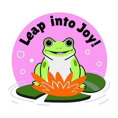 Flat style sticker of a smiling frog with leap into joy typography