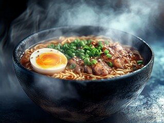 Steaming bowl of ramen with egg and meat.