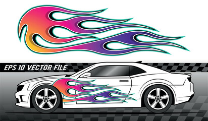 Obraz premium Burning tires and flame sports car decal vinyl sticker. Racing car speed fire flames vector art graphic. Side decoration for car, auto, truck, boat, suv, motorcycle.