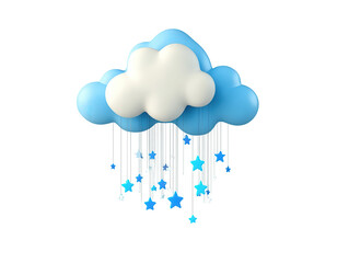 A cartoon cloud with blue and white layers and hanging stars on Isolated on white transparent background