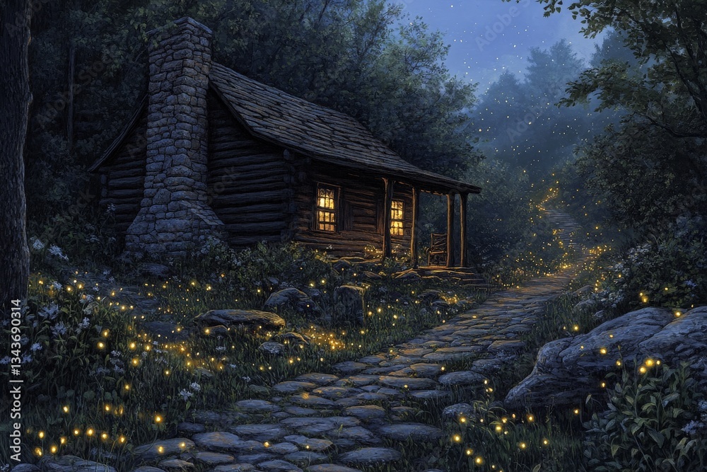 Aufkleber magical evening at a rustic cabin surrounded by fireflies in a serene forest at twilight