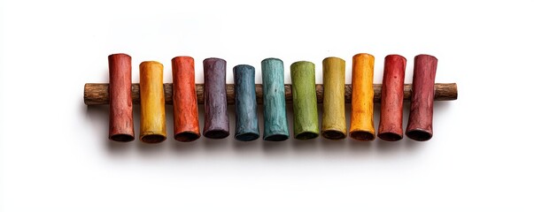 Colorful wooden tubes arranged in a row, showcasing vibrant hues and artistry. Ideal for creative and musical themes.