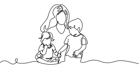Happy disabled boy with his family together outdoor, Happy family in continuous line art drawing style. Front view of parents with their little kid holding hands and walking together black linear.
