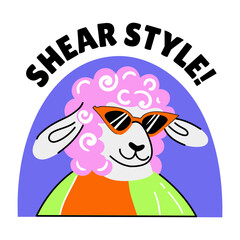 A flat style typographic sticker showing cool sheep with sunglasses