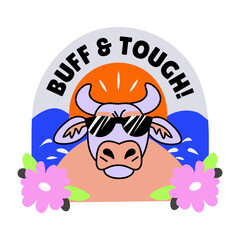 Flat style sticker of a coll bull with buff and tough typography