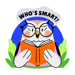 Flat sticker of an owl reading a book with whos smart typography